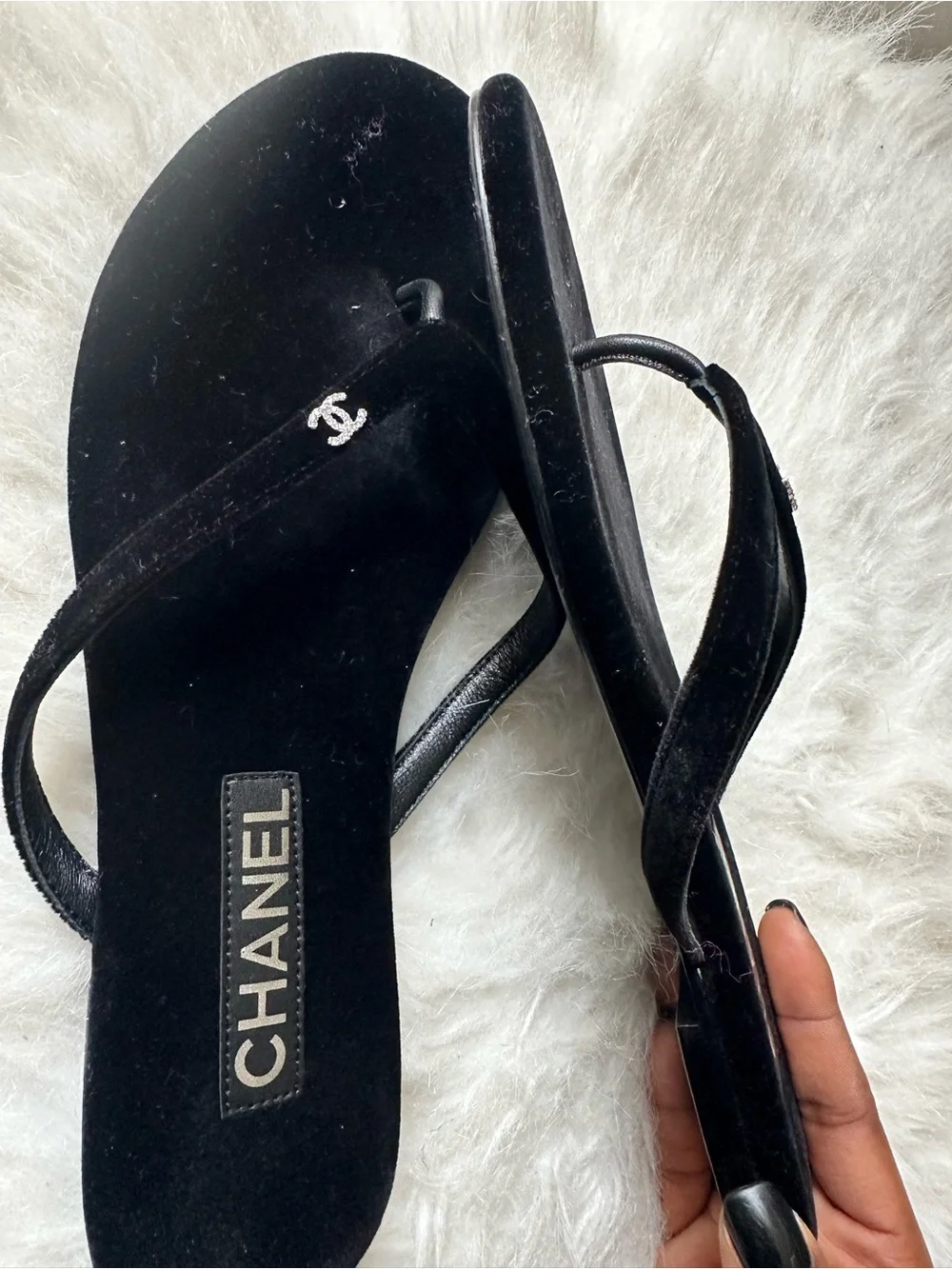 CHANEL Black Velvet CC Logo Thong Sandals